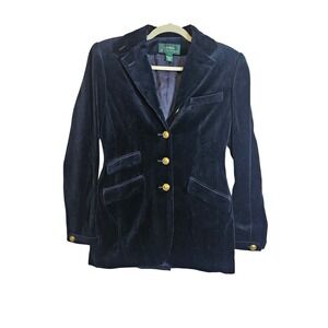 Vtg Lauren Ralph Lauren Sz4 Blue Velvet Blazer Gold Button Old Money Flawed #512